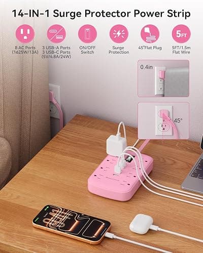 Pink Extension Cord with 6 USB(3 USB-C) 8 Outlets, Flat Plug Power Strip | 5FT, 1625W, Surge Protector, USB-C (15W), Cute Kawaii Pink Office Dorm Home Room Decor, Desk Accessories for Women Girl thumbnail 2