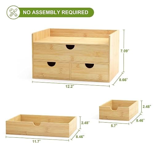 Wisuce Bamboo Desk Organizer - Mini Bamboo Desk Drawer Tabletop Cosmetic Storage Organization for Office or Home (Nature 3 Drawers) thumbnail 3