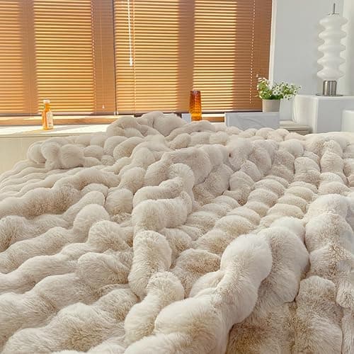 DREAMLANDING Couverture en fausse fourrure de lapin de luxe en peluche sherpa jetable réversible, chaude et douce en fourrure pelucheuse pour lit, canapé, sofa, décoration de la maison (crème, 100 x thumbnail 4