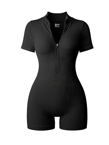 OQQ Women Rompers Ribbed Short Sleeve Zip Front Stretch Tummy Control Yoga Workout Rompers - Image 1