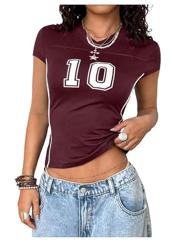 RoseSeek Women's Y2K Sporty Jersey Shirts V Neck Cap Sleeve Tight Crop Tops Street Graphic Tees - Image 1