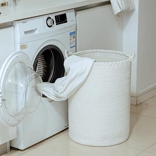 Homlikelan 58L Woven Laundry Basket,Cotton Tall Laundry Hamper for Blankets,Clothes,Pillows,Toys,Shoes Large Laundry Bin White thumbnail 8