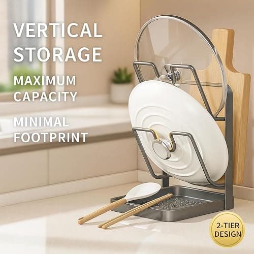 Kitchen Pot Lid Storage Rack, Multifunctional Countertop Pot Lid Organizer | Holder, Lid Holder While Cooking, Lid And Spoon Rest For Stove Top (Grey, Double layer) thumbnail 5