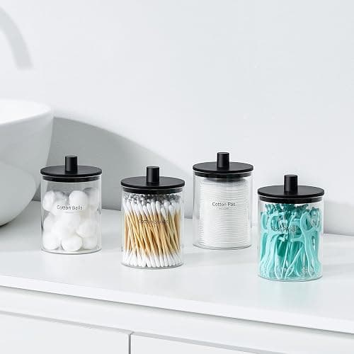 TIPGO Glass Qtip Holder Dispenser - 10 oz Clear Canister Apothecary Jar, Bathroom Vanity Storage Organizer Set for Cotton Swabs, Pads, Floss Picks, Small Containers for Makeup Storage (4 Pack, Black) thumbnail 2