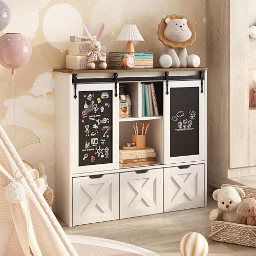 Vabches Toy Storage Organizer with Sliding Chalkboard, Kids Bookshelf and Bookcase with 3 Movable Drawers & 5 Storage Cubbies, Multifunctional Storage Cabinet Toy Chest for Playroom,Nursery, Kids Room - Image 1