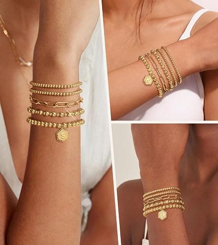 adoyi Gold Bracelets for Women Waterproof, 14K Gold Plated Beaded Strand Bead Ball Bracelets stack Adjustable Jewelry Set for Gifts thumbnail 3