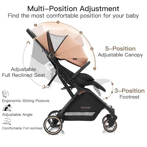 Gromast Gravity Folding Baby Stroller - Portable Travel Toddler Stroller w/Adjustable Backrest, Canopy & Cup Holder, Lightweight and UV Protected, One-Hand Automatic Folding - Khaki thumbnail 8