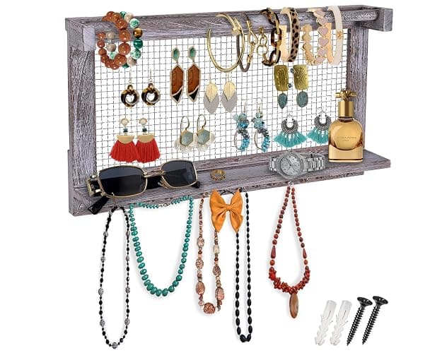 Comfify Rustic Jewelry Organizer – Wall Mounted Jewelry Holder w/Removable Bracelet Rod, Shelf & 16 Hooks – Perfect Earrings, Necklaces & Bracelets Holder – Rustic White - Image 1