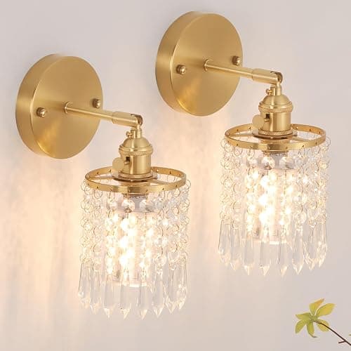 Shenmoyl Set of 2 Crystal Battery Operated Wall Sconce, Rechargeable Battery Powered Wall Lamp with Remote Control, Modern Dimmable Wireless Wall Lights for Bedroom Bathroom(Transparent, Gold Base) - Image 1