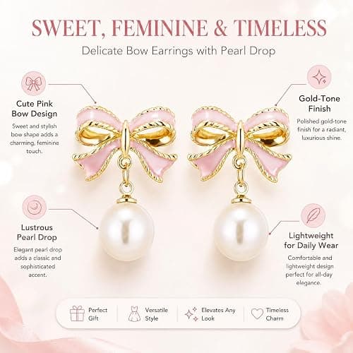 Bow Earrings for Women Trendy Stuff Cute Bow Pearl Drop Dangle Earrings Bowknot Stud Prom Wedding Party Daily Jewelry Accessory Gifts Pink Dress for Women thumbnail 4