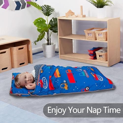 Primlect Thickened Toddler Nap Mat with Removable Pillow and Minky Blanket, Extra Large 55''x35'' Sleeping Bag, Washable, Roll up, Perfect for Daycare, Preschool, Kindergarten, Boys and Girls Blue Car thumbnail 4