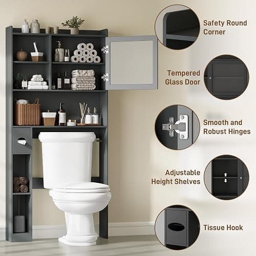 Vabches Over the Toilet Storage Cabinet with Glass Door, Above Toilet Storage Cabinet, Over Toilet Bathroom Organizer Space Saver, Behind Toilet Rack Shelf Cabinet, for Bathroom Laundry Restroom, Grey thumbnail 3