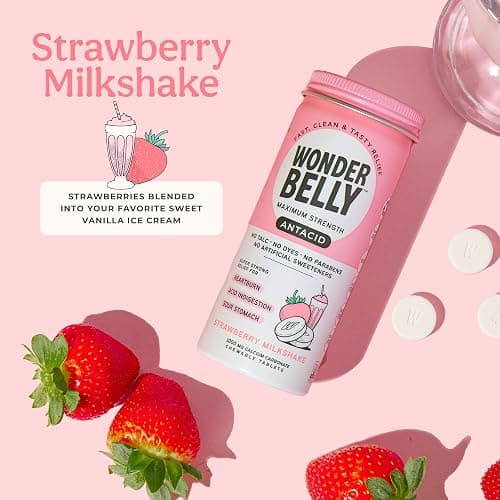 Wonderbelly Antacid Effective Heartburn and Instant Acid Indigestion Relief Extra Strength Chewable Tablets 1000 mg Calcium Carbonate No Talc or Dye Strawberry Milkshake 50 count thumbnail 2