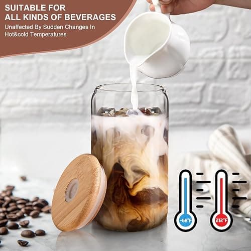 DWTS DANWEITESI Iced Coffee Cups with Lids 2 pcs,16 oz Glass Cups with Lids and Straws as Coffee Bar Accessories,Beer Drinking Glasses,Reusable Glass Tumbler,Cute Coffee Cups for Coffee, Juice, Gifts thumbnail 5
