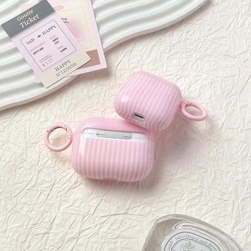 Fycyko for AirPod 2/1 Generation Case Cute Striped Trendy Aesthetic Glossy Shockproof Protective Case for AirPod 2/1 with Cleaner Kit-Pink thumbnail 3