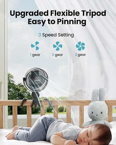 Gaiatop Mini Portable Stroller Fan, Battery Operated Small Clip on, Detachable 3 Speed Rechargeable, 360° Rotate Flexible Tripod Better Cooling for Car Seat Crib Treadmill Travel Black thumbnail 4