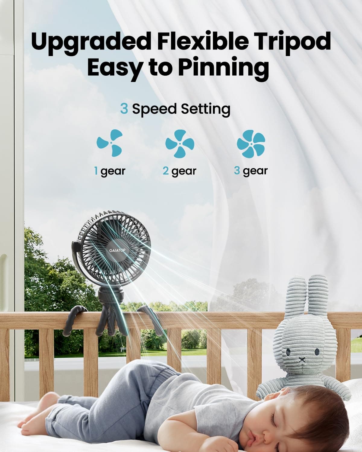 Gaiatop Mini Portable Stroller Fan, Battery Operated Small Clip on Fan, Detachable 3 Speed Rechargeable 360° Rotate Flexible Tripod Cooling Fan for Car Seat Crib Treadmill Travel Black thumbnail 3