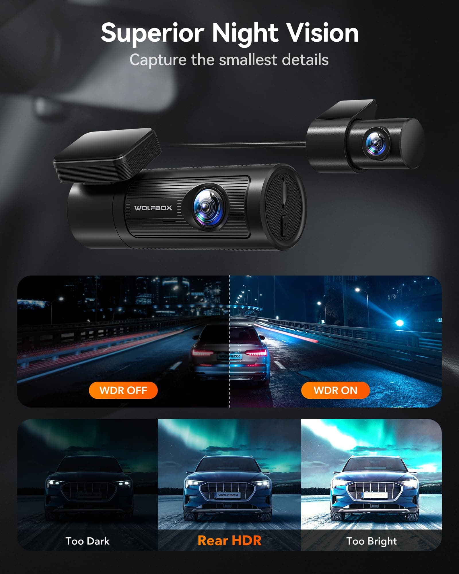 WOLFBOX Cámara Dash Cam 4K Frontal y Traseira para Carro, WiFi UHD 2160P/1080P, Incluye Tarjeta de 32 GB, GPS, WDR, Visión Nocturna, Modo Aparcamiento 24 h, Sensor G, Grabación en Bucle (hasta 256 GB) thumbnail 3