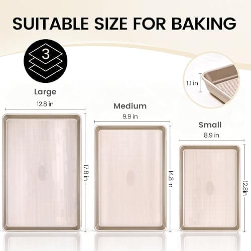 Vinino Baking Sheet Set of 3, Cookie Sheets For Baking with Square Texture Pattern, Thicker Carbon Steel Non-stick Baking Pan Half/Quarter/Jelly Roll Pans Tray for Oven thumbnail 2