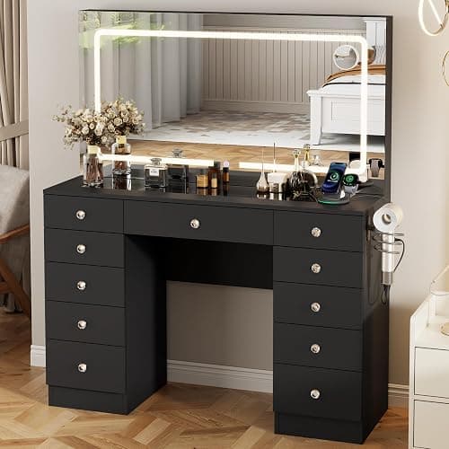 Otterease Vanity Desk with Mirror and Lights, 11 Drawers Makeup Vanity Desk with Tempered Glass top, 3 Lighting Modes Adjustable Brightness, Black Vanity with Magnetic 5X Magnifier for Bedroom thumbnail 8