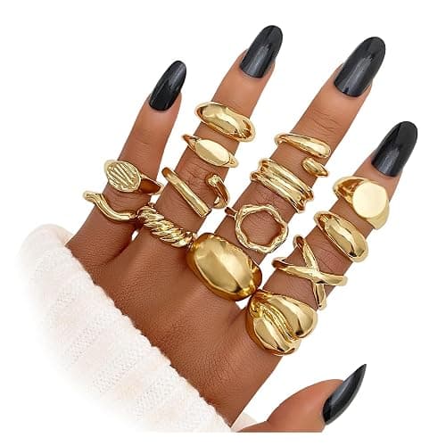 IFKM Gold Chunky Rings Set for Women 14k Gold Plated Thick Dome Stackable Open Rings Trendy Dainty Minimalist Jewelry Gifts - Gold - Flatbed wide format - Image 1