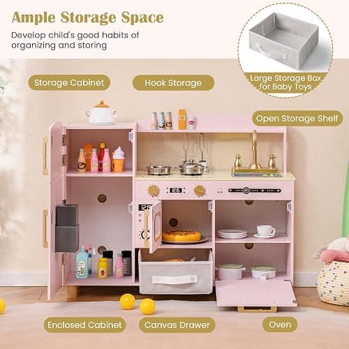 INFANS Kids Kitchen Playset, Toddler Wooden Pretend Cooking Toy Set with Acrylic Drawing Board Ice Machine Dishwasher Cloth Drawer Stove Removable Sink Simulation Play Kitchen for Boys Girls thumbnail 7