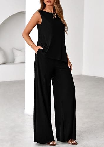 PRETTYGARDEN Women's 2026 Two Piece Matching Lounge Sets Asymmetrical Split Tank Tops Wide Leg Pants Summer Outfits Tracksuit thumbnail 5