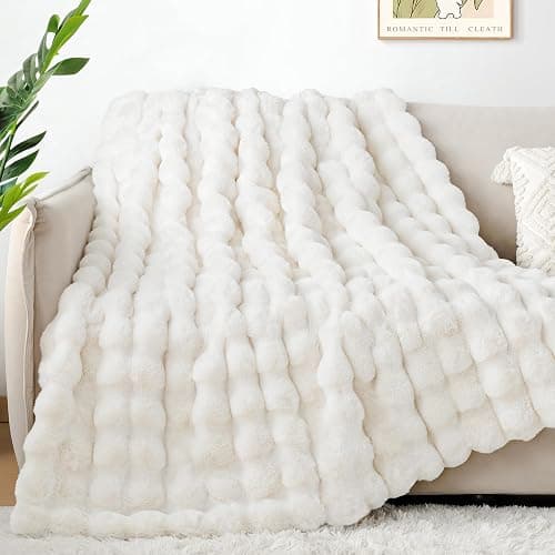Touchat Luxury 1000GSM Faux Rabbit Fur Throw Blanket, Super Heavy Warm Cozy Blankets for Couch Bed Sofa, Bubble Plush Fuzzy Elegant Soft Reversible Mink Blanket for Living Room Bedroom, Cream White thumbnail 5