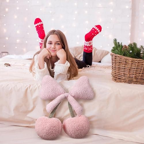 Beeveer Small Bow Cherry Throw Pillow Wool Cute Coquette Room Decor Decorative Throw Pillows Aesthetic Room Decor Bowknot Shaped Plush Cushions for Valentines Day Bedroom Sofa Couch(Pink) thumbnail 4