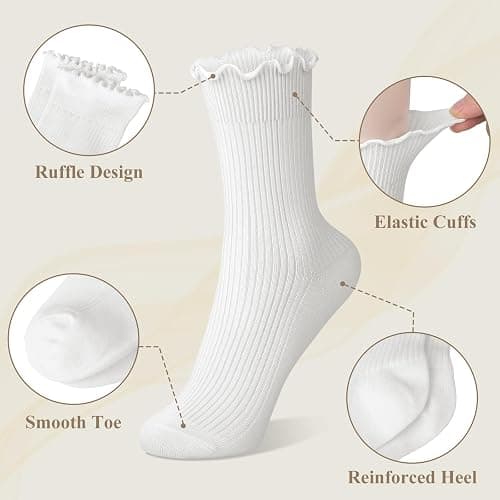 6 Pairs Cute Floral Ruffle Crew Socks Women, Breathable Cotton Novelty Casual Girls Above Ankle Funny Socks US 5-10 thumbnail 4