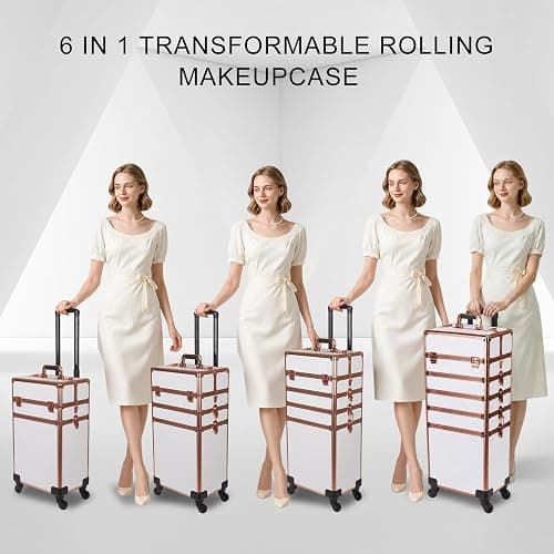 Yujesyde Rolling Makeup Train Case, 6 in 1, White | With Mirror & Lock, Professional Makeup Travel Case, Large Cosmetic Organizer for Cosmetologists & Nails thumbnail 6