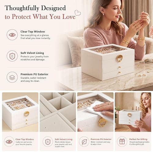 GeeBom Jewelry Box - 3 Layer Jewelry Organizers and Storage with Clear Lid & 2 Drawers,Jewelry Boxes for Women, Watch Necklace Ring Earring Storage Gift Case, Cloud White thumbnail 6