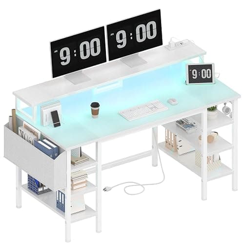 Lufeiya White Desk with Storage Shelves - 47 inch Home Office Gaming Desk with Monitor Stand, Computer Desk with LED Lights and Power Outlets, White - Image 1