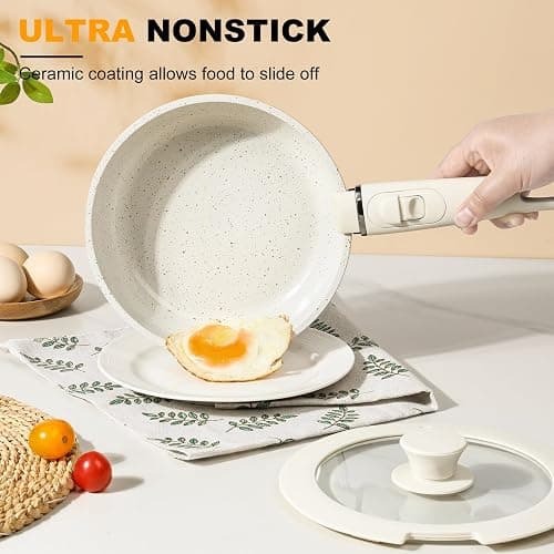 Pots and Pans Set Non Stick 20PCS, Ceramic Cookware Set Detachable Handle Non Toxic Stackable Kithchen Set, Dishwasher Oven Safe Induction Compatiable Frying Pans Pots Skillets, White thumbnail 4
