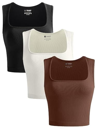 OLCHEE Womens 3 Pack Crop Tank Tops Seamless Ribbed Square Neck Tapered Shoulder Strap Sleeveless Workout Top Summer Shirts - Image 1