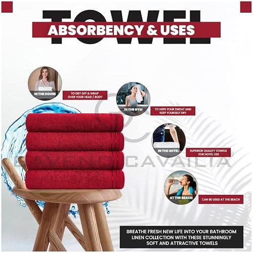 GC GAVENO CAVAILIA Large Towels Bath Sheet - Highly Absorbent Egyptian Cotton Towel Set - 4 Pack Extra Soft Large Bath Towel Red - Quick Dry Bath Sheets - 450 GSM Washable Towels, 75 x 135 cm thumbnail 4