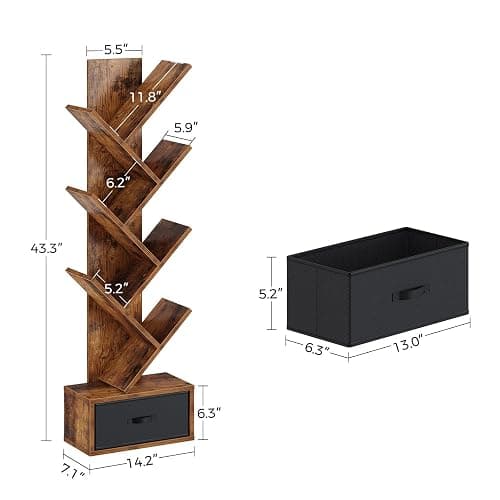 Rolanstar 7 Tier Bookshelf with Drawer, Tree Bookshelf, Small Bookshelves with Storage Rack for CDs/Movies/Books, Standing Book Shelf, Tall Narrow Bookcase for Living Room, Bedroom, Rustic Brown thumbnail 3