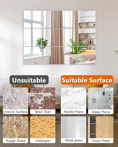 12Pack Acrylic Flexible Mirror Sheets,12x12 Inch Self-Adhesive Mirror Tiles,Square Cuttable Wall Stickers Non Glass Safety Reflective for Home Wall DIY Decor thumbnail 5