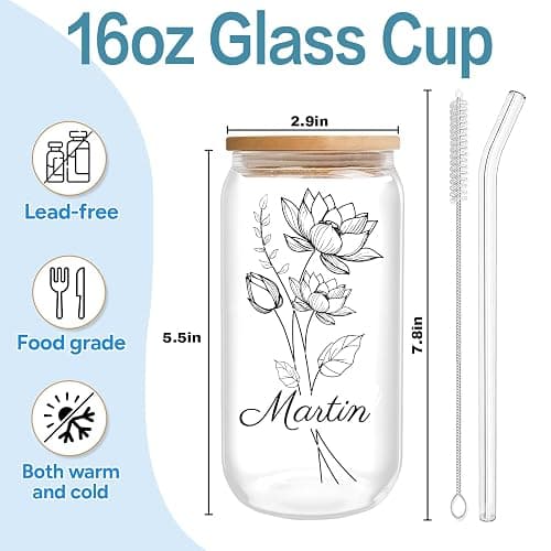 Custom Glass Cup With Birth Flower - 16 Oz Personalized Tumbler With Lid and Straws - Anniversary Birthday Gifts for Women, Bridesmaids, Mom, Girlfriend thumbnail 3