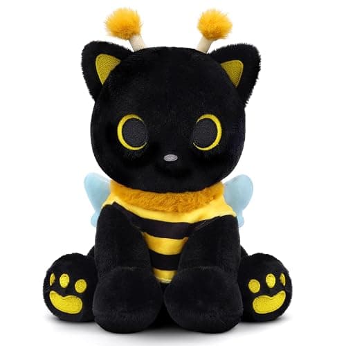 Hagusahuo Cat Plush Toy, 8inch Kawaii Black Cat Plush with Honeybee Outfit Costume, Valentines Day Gift for Her Him, Soft Huggable Plushies Toy for Kids Birthday Gifts - Image 1