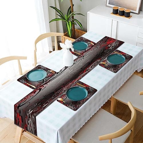 Mcalk Table Runner and Placemats Set of 6 Pieces,Mystic Gray Leaf Placemat,Cloth Place Mats Red Indoor for Kitchen,Washable Placemats Floral Print Linen Material for Dining Table thumbnail 5