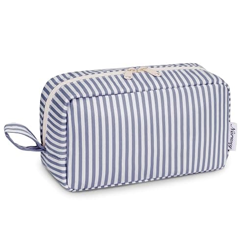 Narwey Cute Stripe Large Makeup Bag Travel Make Up Bags Women with Comparments Small Toiletry Bag Cosmetic Bag Organizer Zipper Pouch for Teen Girls (Greyish Blue Stripe, Large) - Image 1