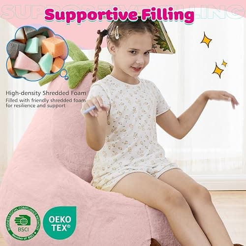 DUMOS Kids Bean Bag Chair, Stuffed Toddler Couch with Faux Rabbit Fur Cover for Teens & Kids, Comfy Lazy Sofa Chair for Reader, Living Room, Bedroom, Aged 4-12 Years, 31 Inch, Pink thumbnail 4