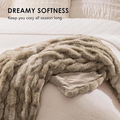 EVERGRACE Luxurious Soft Faux Rabbit Fur Throw Blanket, Cozy Fuzzy Plush Warm Throws for Couch Bed Sofa Chair Home Decor, Ruched Bubble Fluffy Blanket with Reversible Velvet, 60" x 80", Beige thumbnail 6