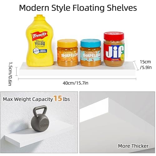 OUDIE White Floating Shelves - Wall Shelf Pack of 3, Modern Shelves for Bathroom, Bedroom, Office, Living Room Display, Kitchen Storage thumbnail 3
