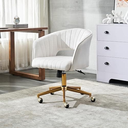 FENFSHE Vanity Chair with Back 360 Swivel Armchair and Gold Base, Criss Cross Chair with Wheels for Vanity Home Office, Living Room, Bedroom and Study (Beige) thumbnail 2