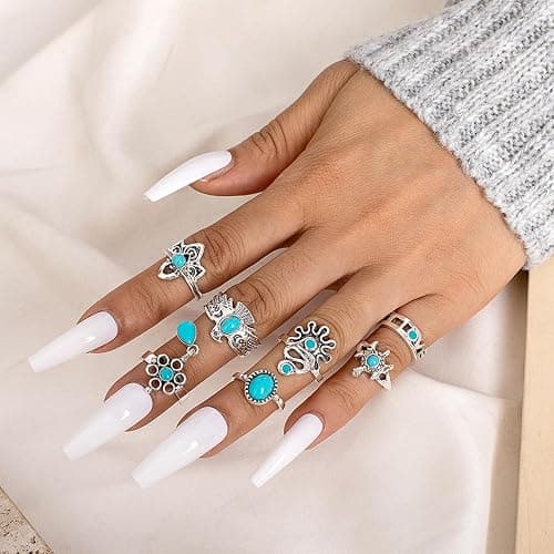 NEWITIN 20 Pieces Silver Bohemian Jewelry Set for Women Fashion Costume Jewels Turquoise Necklace Bracelet Ring Earrings Western Turquoise Jewelry Set for Women thumbnail 5