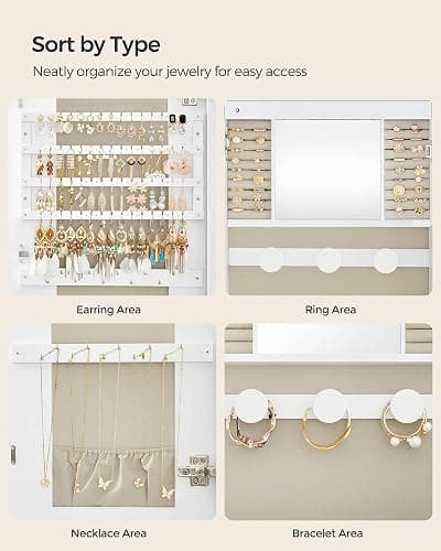 SONGMICS Jewelry Organizer, LED Jewelry Cabinet, Wall/Door Mounted | Rounded Wide Mirror with Storage, Cloud White Surface with Tan Lining, AILEAS Collection UJJC026W01 thumbnail 9