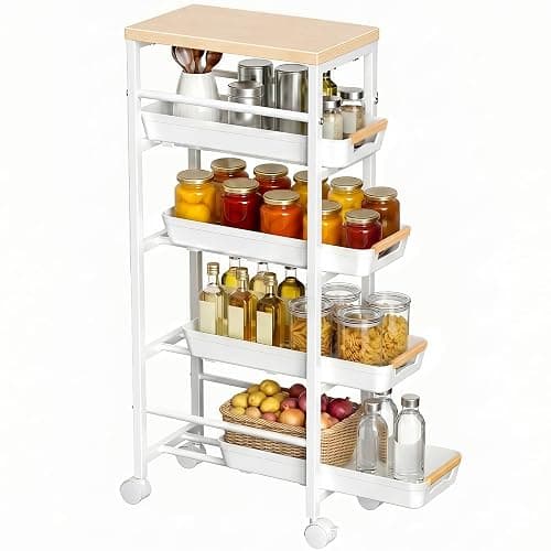 Pipishell Slim Storage Cart with Drawers & Lockable Wheels, 5 Tier Kitchen Cart with Safety Stops & Vented Design, Wood Top, Narrow Rolling cart for Kitchen, Bathroom, Laundry Room, White - Image 1