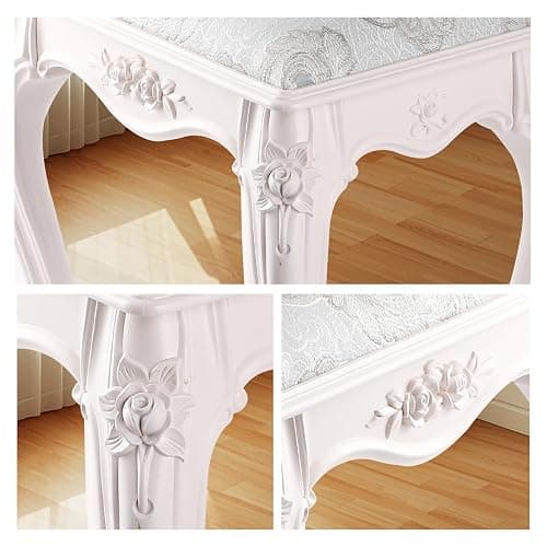 DJHVJS 17 in Vanity Stool, Modern Elegant Makeup Chair with Embroidered Concave Seat Surface, Lightweight PVC Vanity Chair, Capacity 300lb, Assembles in Minutes(White, 5.7lb) thumbnail 4